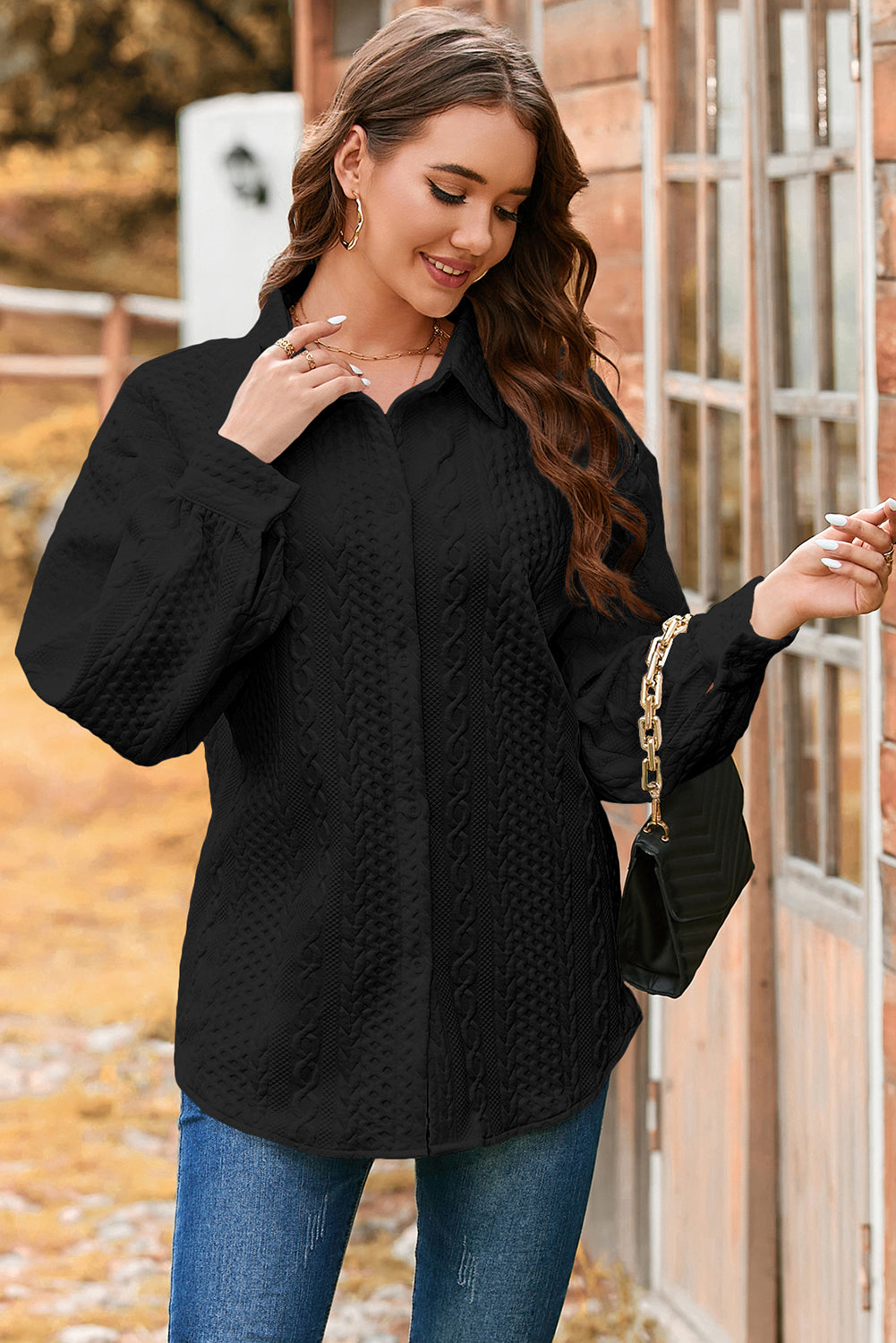 Light Grey Cable Texture Puff Sleeve Loose Shacket