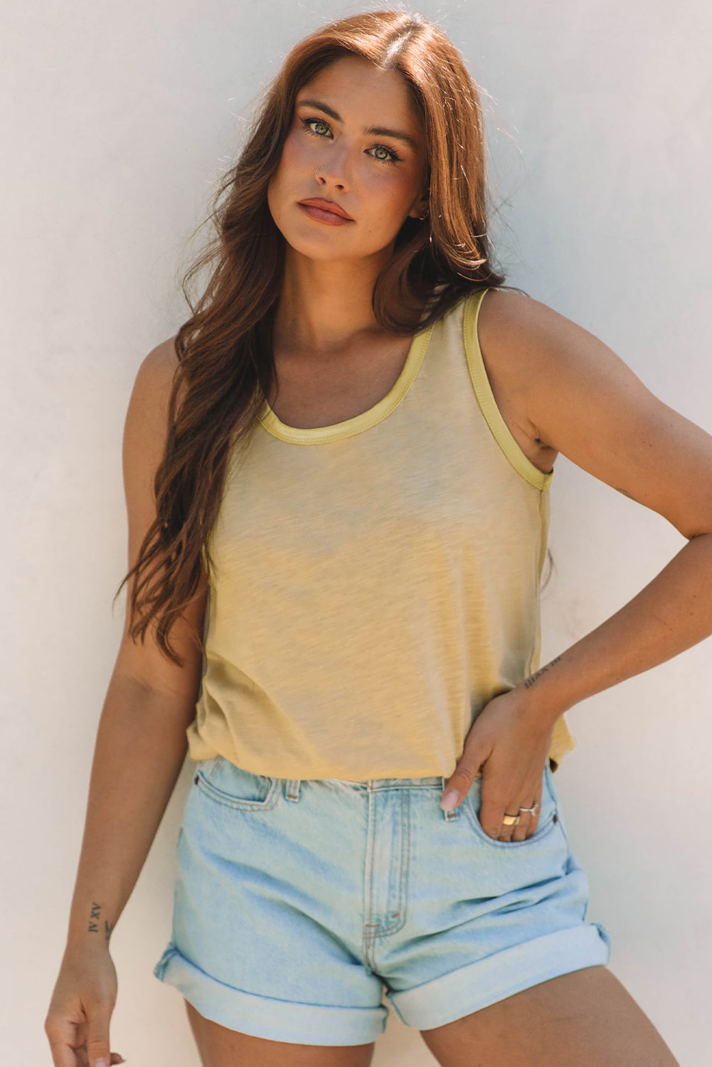 Peacock Blue Metallic Sheen Edge Scoop Neck Tank Top