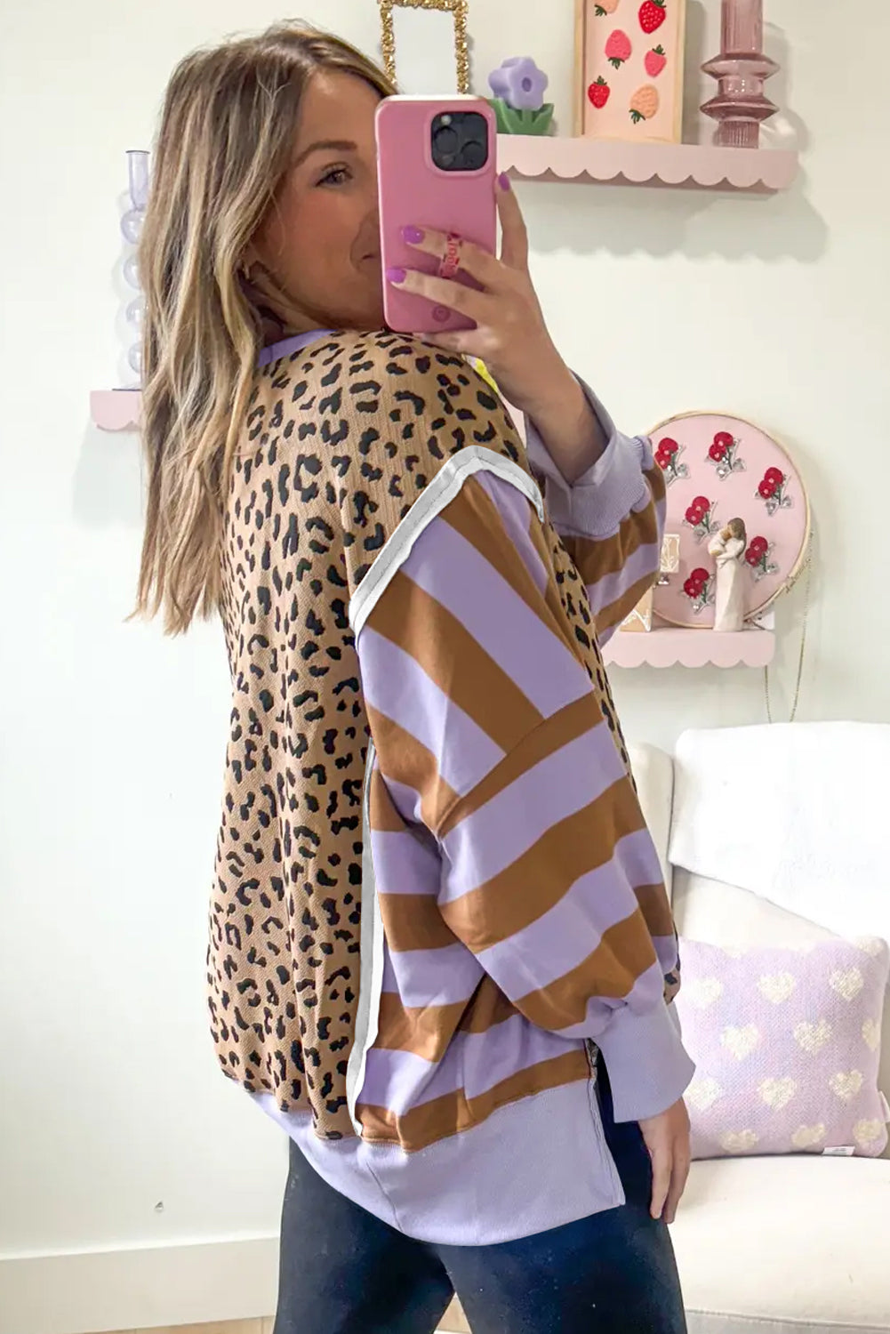 Khaki Stripe Color Block Patchwork Leopard Casual Sweatshirt with Slits
