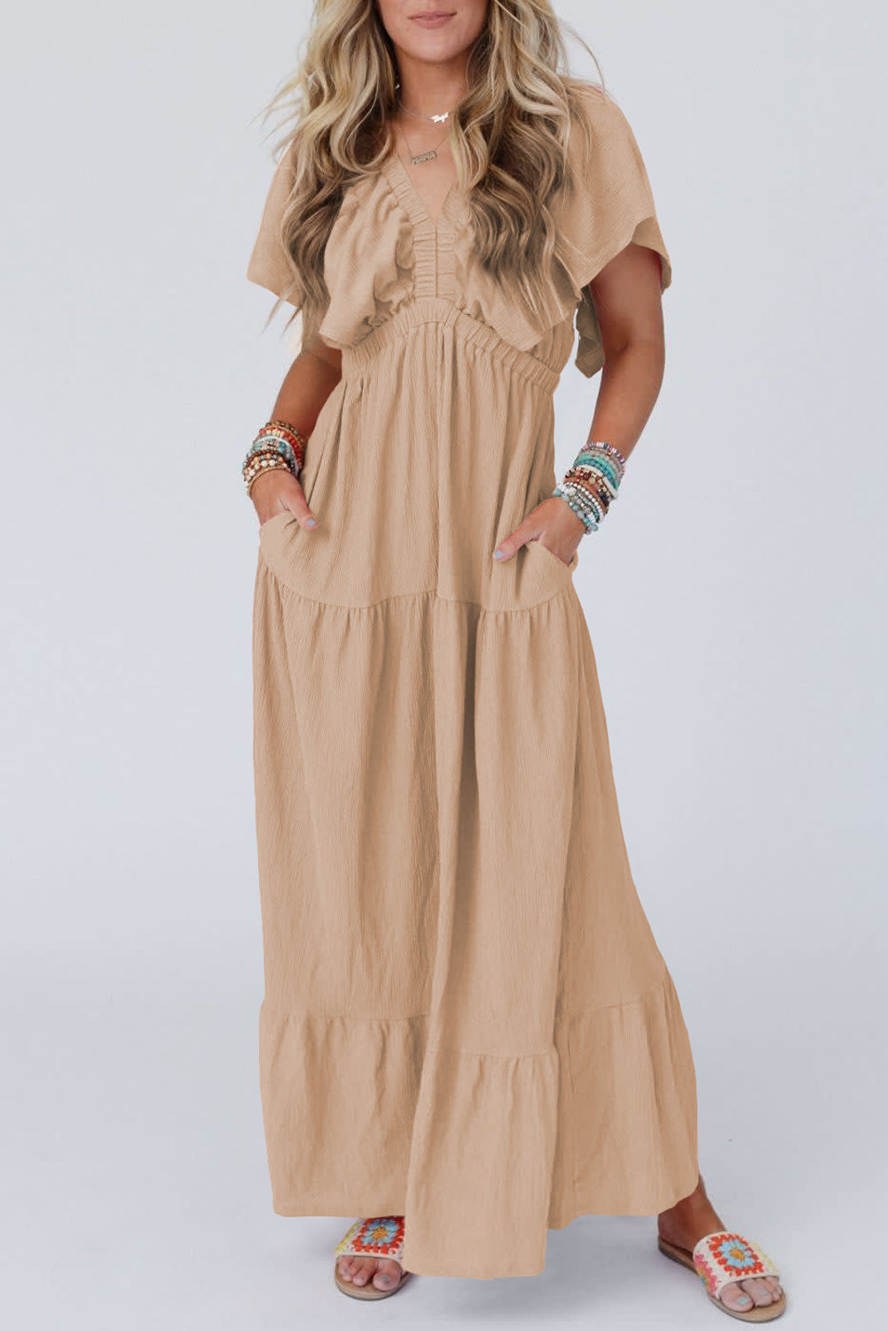 Green Textured V Neck Flutter Sleeve Ruffled Maxi Dress