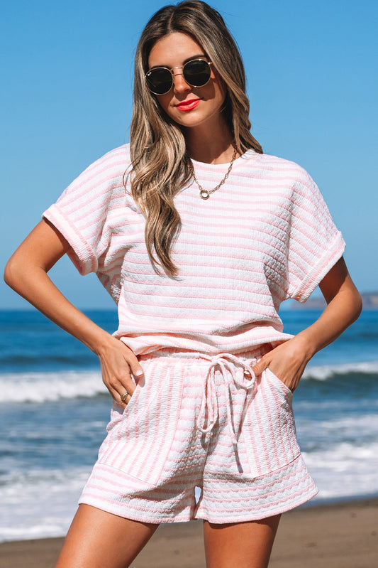 Black Stripe Knitted Short Sleeve Top and Drawstring Shorts Set