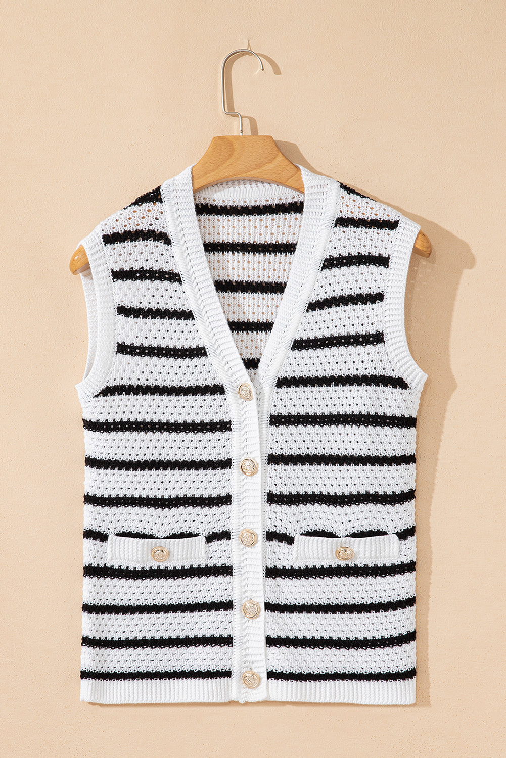 Pink Stripe V Neck Gold Buttons Elegant Sweater Vest