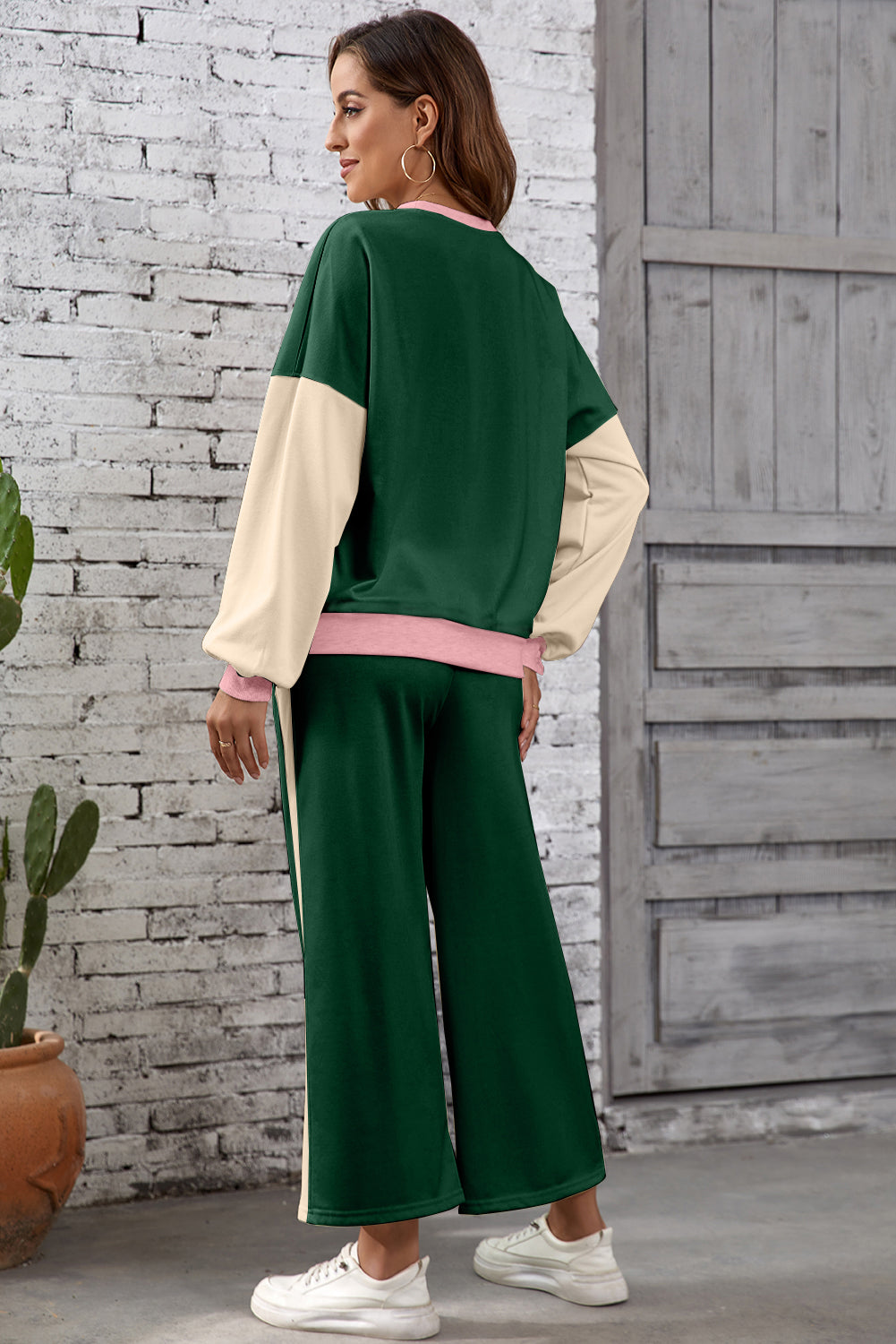 Black 2pcs Color Block Pullover Loose Pant Set