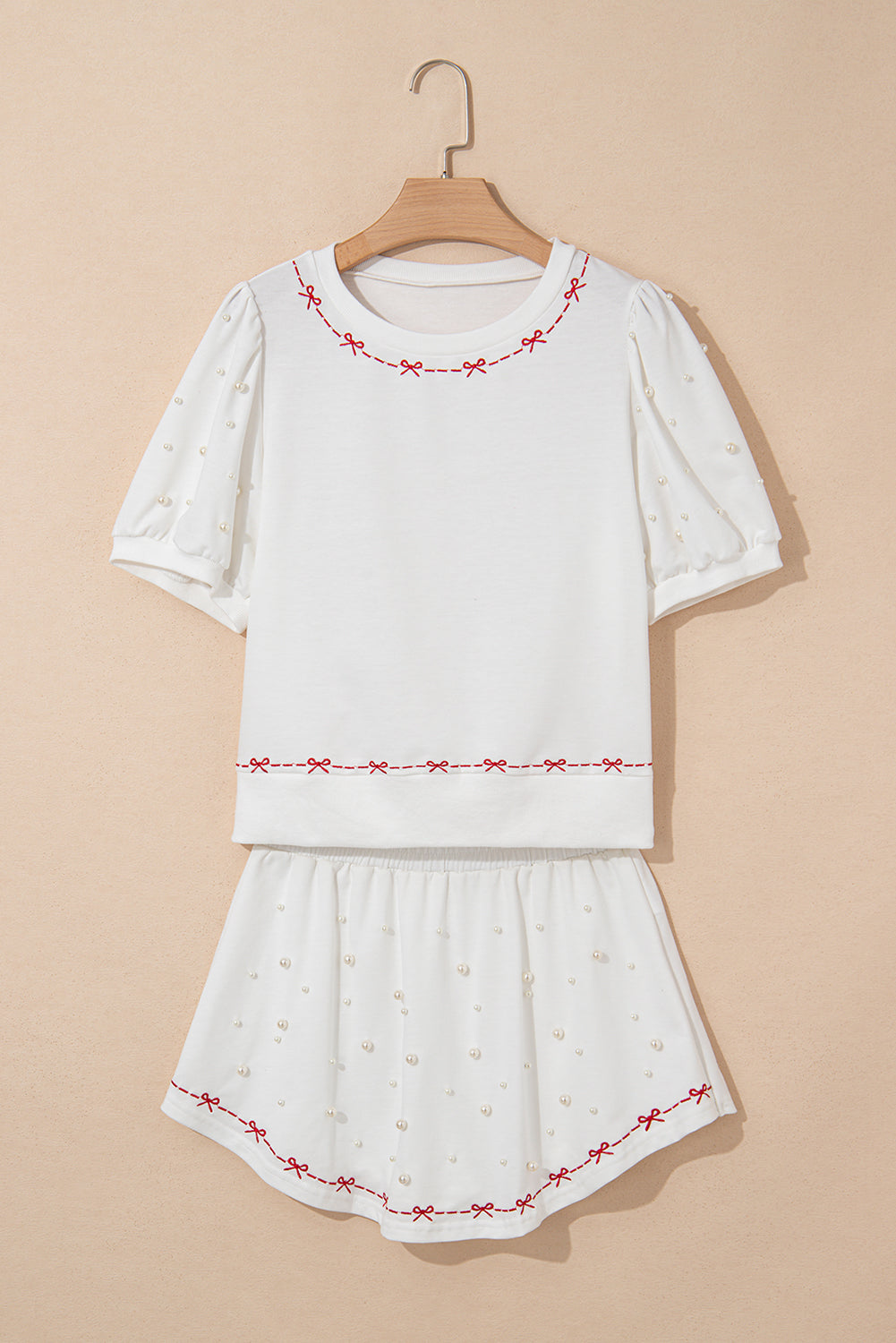 Pink Contrast Bow Trim Pearl Puff Sleeve Blouse and Skort 2pcs Set