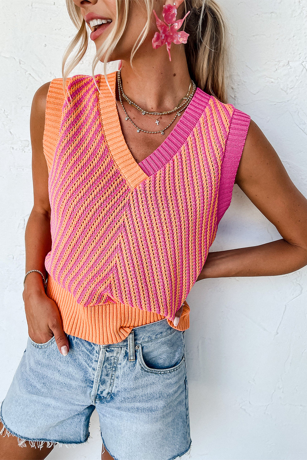 Sky Blue Contrast Chevron Knit V Neck Sweater Vest