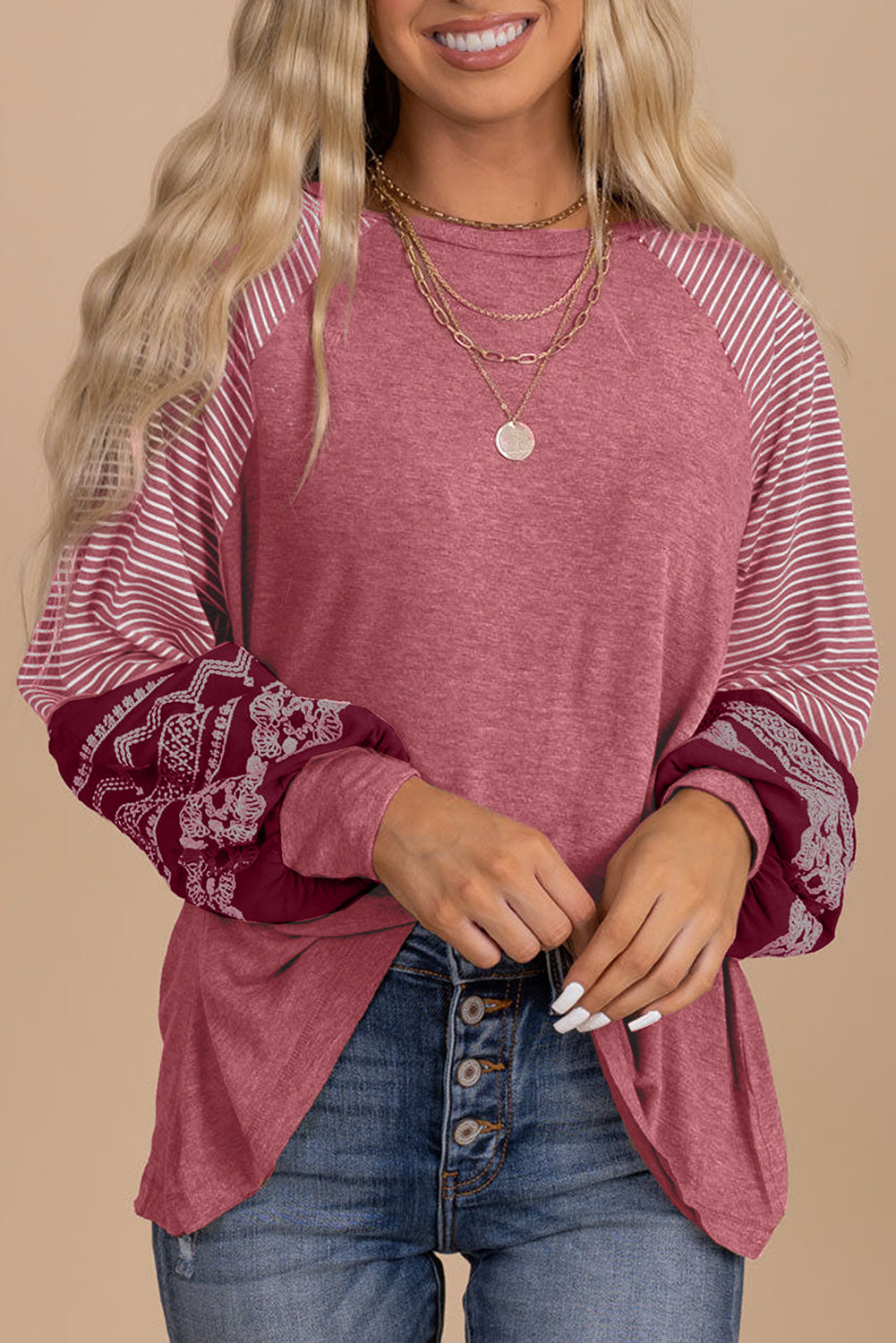 Black Contrast Print Striped Raglan Long Sleeve Loose Top