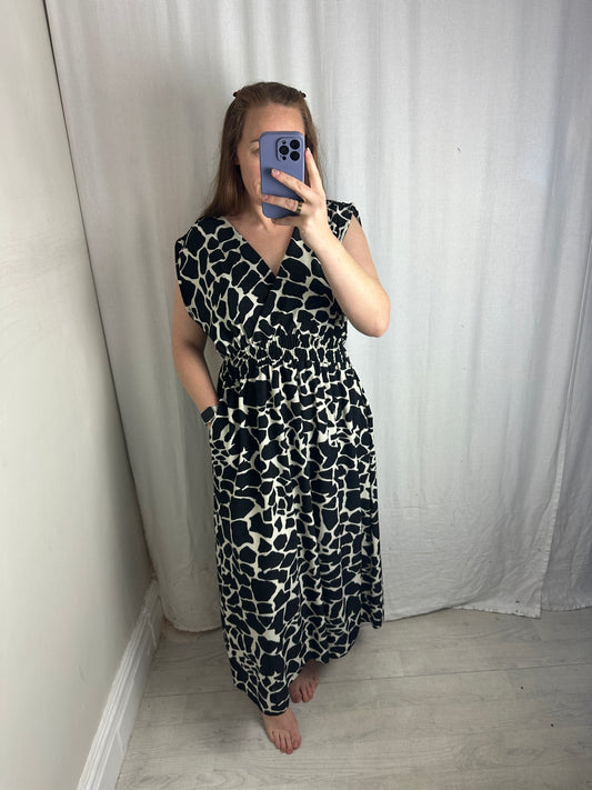 Giraffe Print Sleeveless V-Neck Maxi Dress