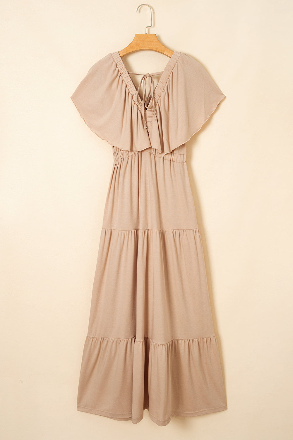 Green Textured V Neck Flutter Sleeve Ruffled Maxi Dress