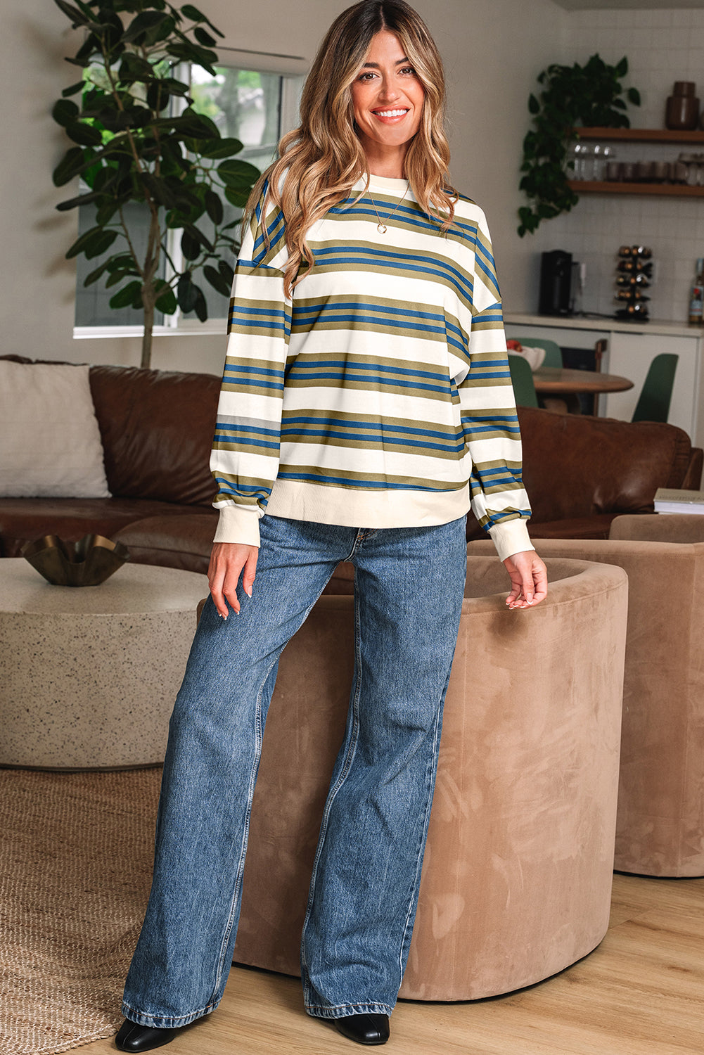 Brown Stripe Crew Neck Drop Shoulder Pullover Sweatshirt