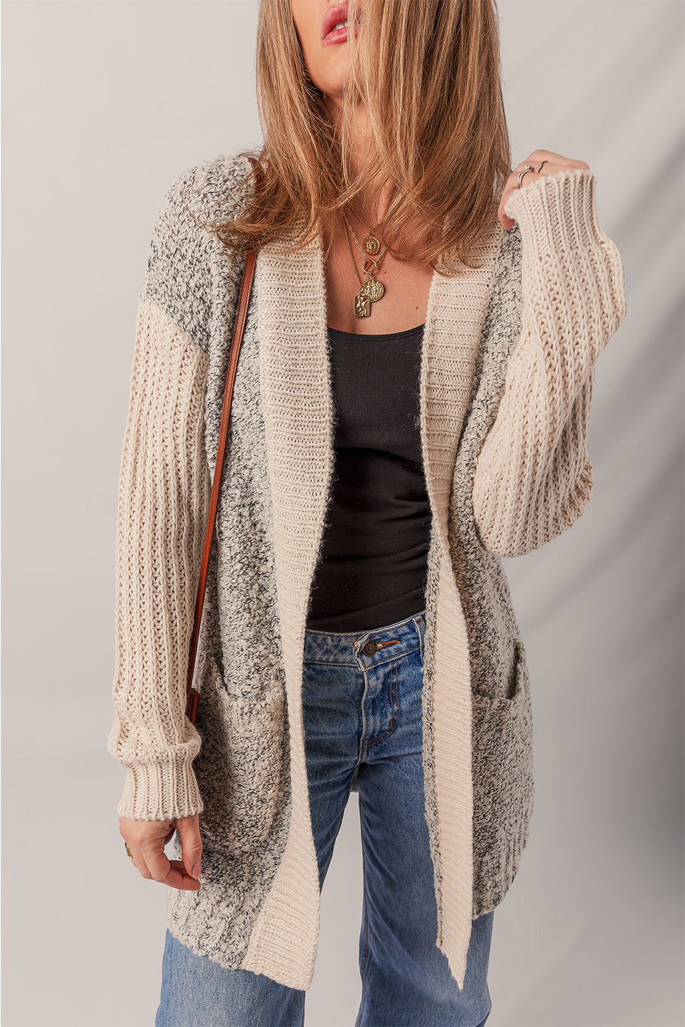 High Color Block Side Pockets Open Front Cardigan