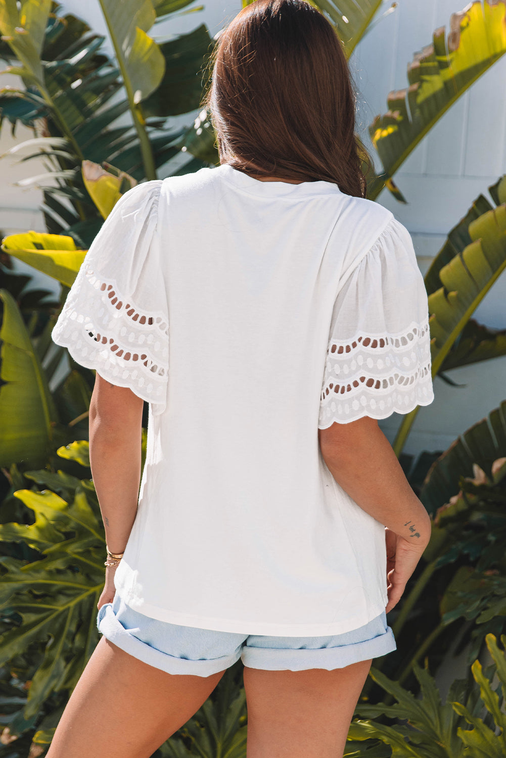Black Hollow Out Embroidered Short Sleeve O Neck Top