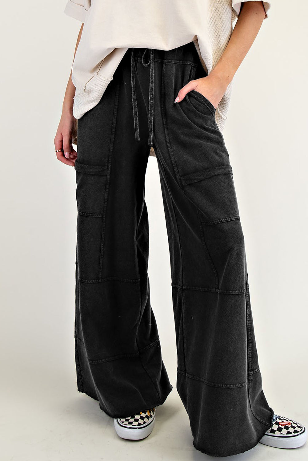 Bonbon Mineral Wash Exposed Seam Drawstring High Waist Wide Leg Cargo Pants