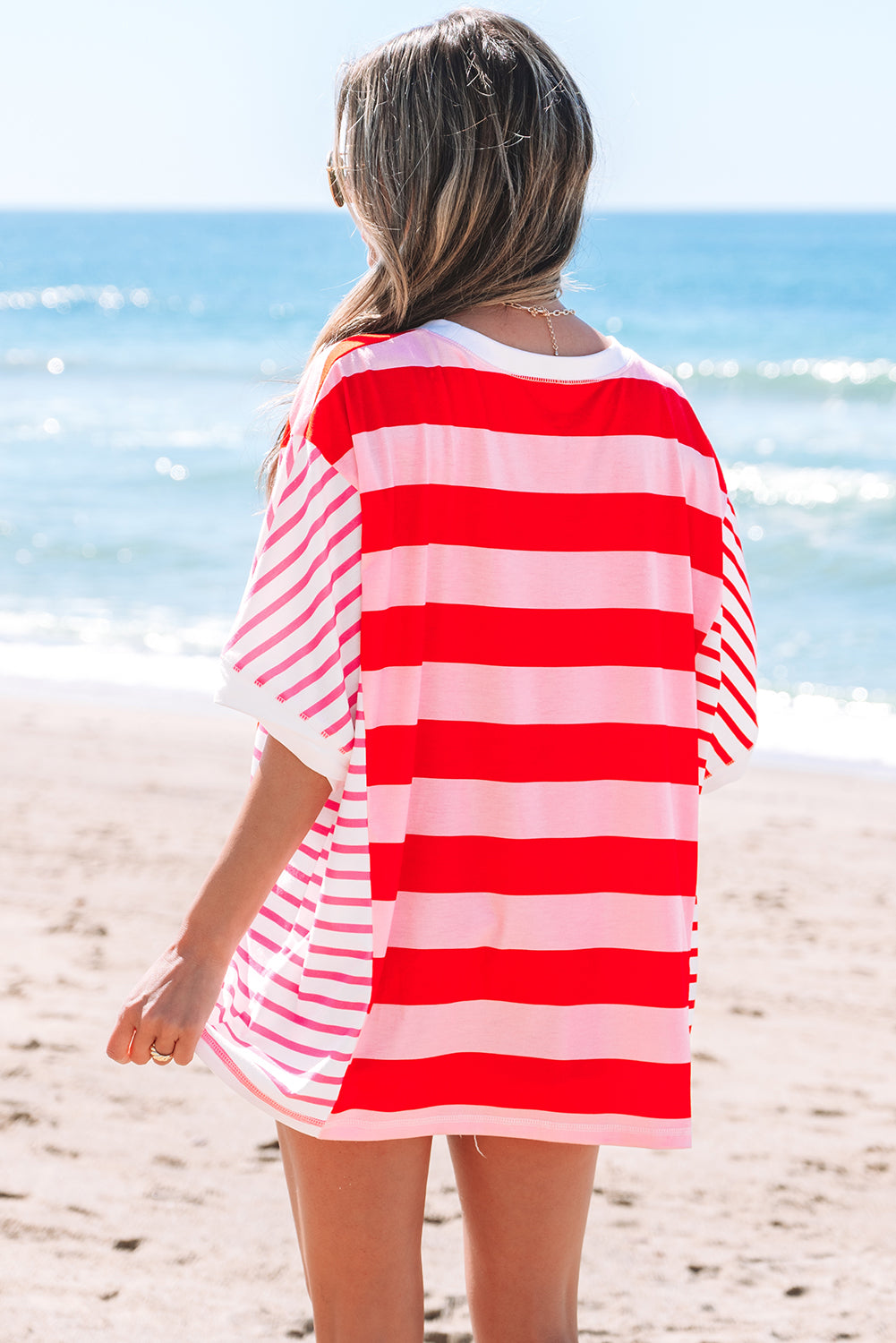 Pink Stripe Patchwork Round Neck Side Split Loose T Shirt