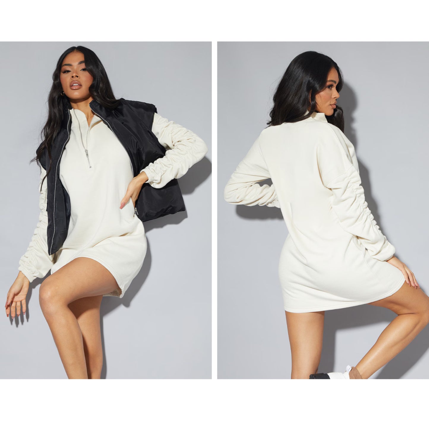 B1014 - PLT Stone Ruched Sleeve Jumper Dress
