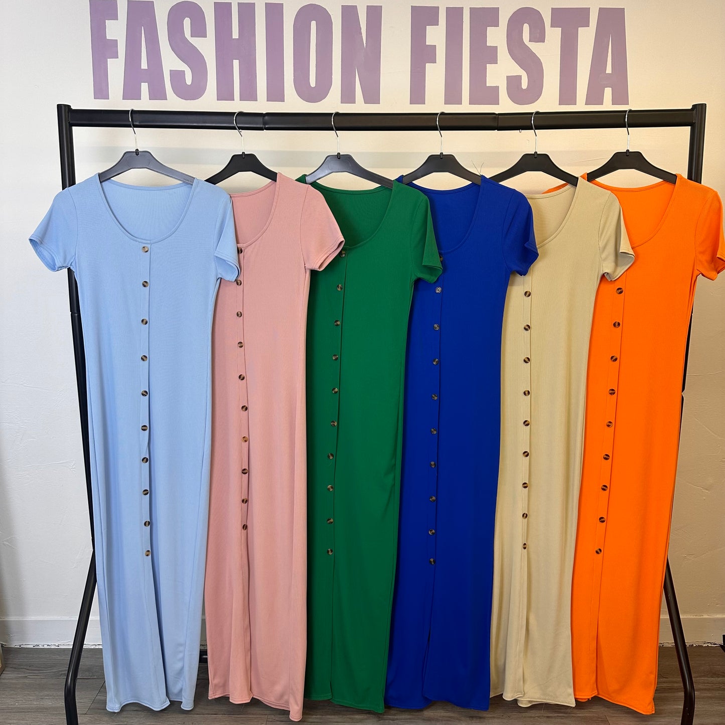1204 - Ribbed Fitted Short Sleeve Maxi Dress