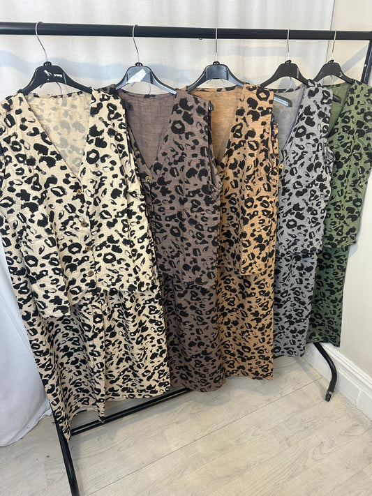 Leopard Print Button-Up Vest & Wide Leg Pant Set