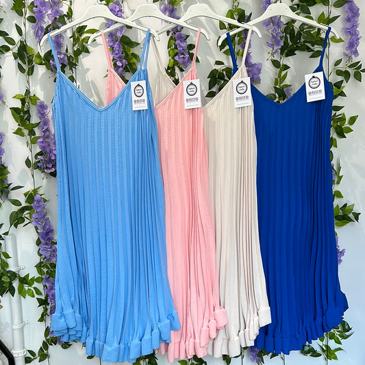 1640 - Pleated Thin Strap Midi Dress