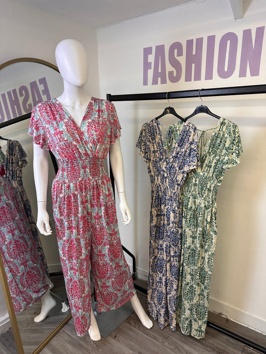 1920 - Magic Wide Leg Playsuit with Frill Shoulders Leaf Pattern