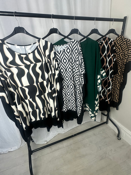 Curve Abstract Print Oversized Batwing Top