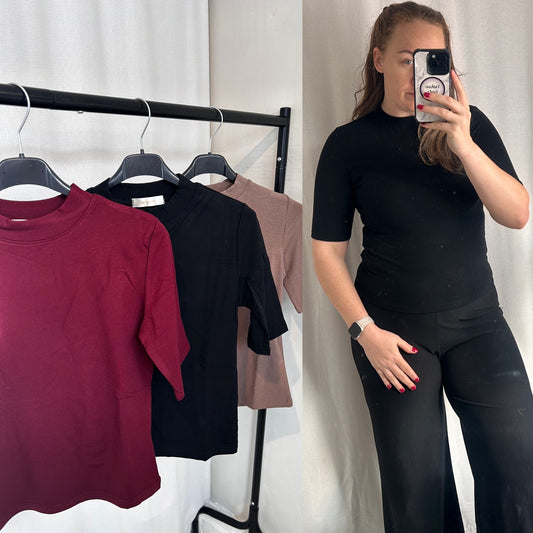 1991 - High Neck Elbow Length Sleeve Basic Top