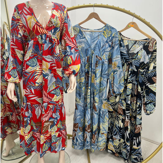 1654 - V Neck Balloon Sleeve Maxi Dress