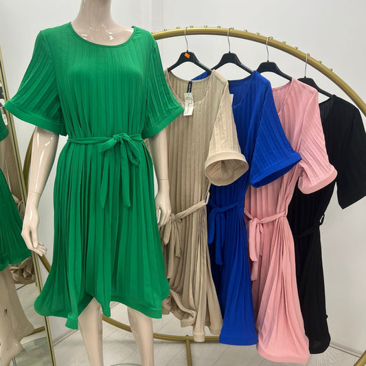 1637 - Pleated Midi Belt Dress
