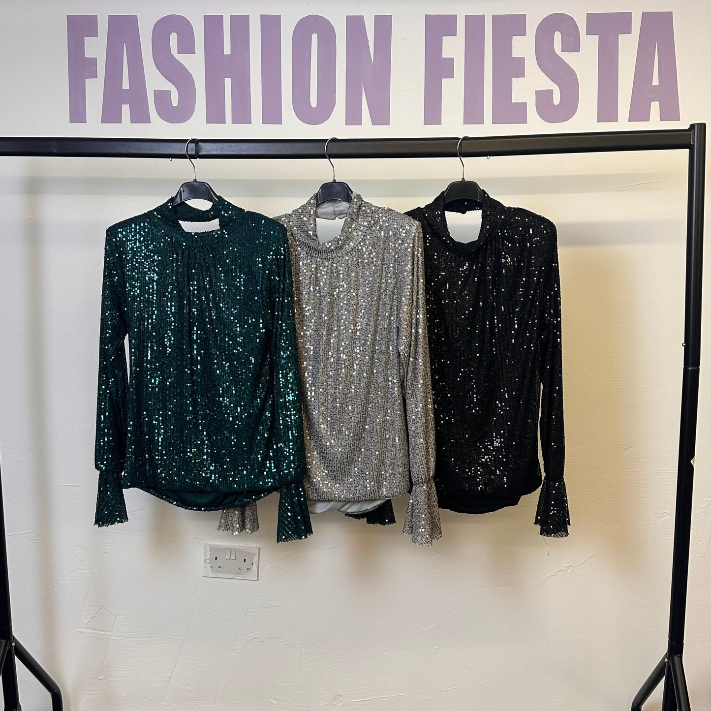 1890 - High Neck Long Sleeve Low Back Sequin Top