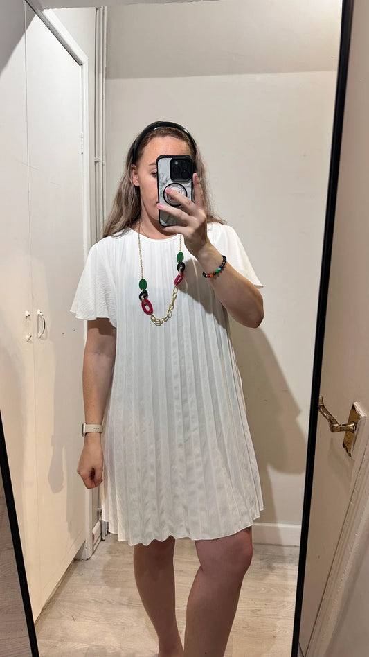 1355 - PLEATED SHORT SLEEVE DRESS WITH NECKLACE (4 COLOURS)