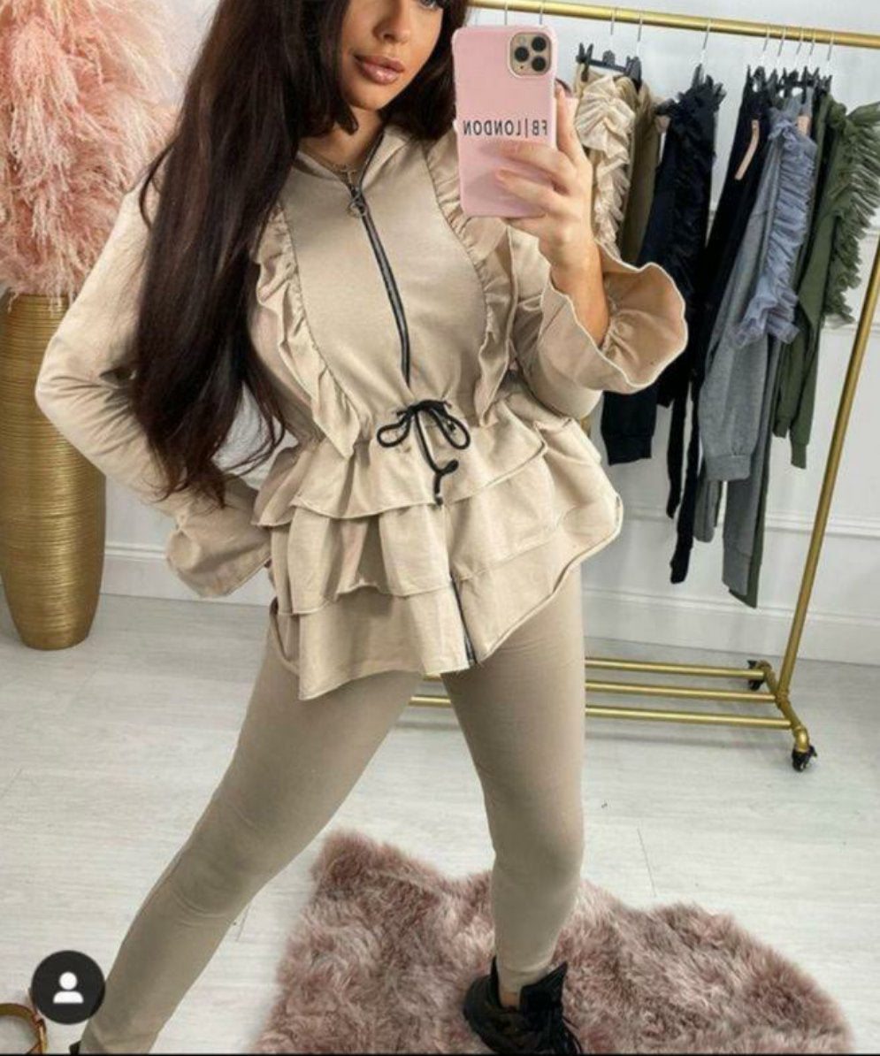 1049 - FRILLED PEPLUM STYLE ZIP LOUNGEWEAR SET (6 COLOURS)