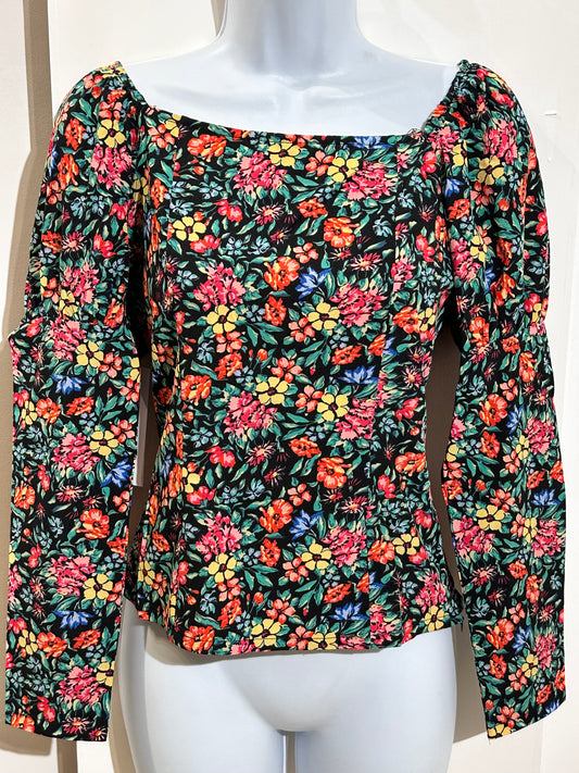 1365 - BLACK AND FLORAL LONG SLEEVE SQUARE NECK TOP