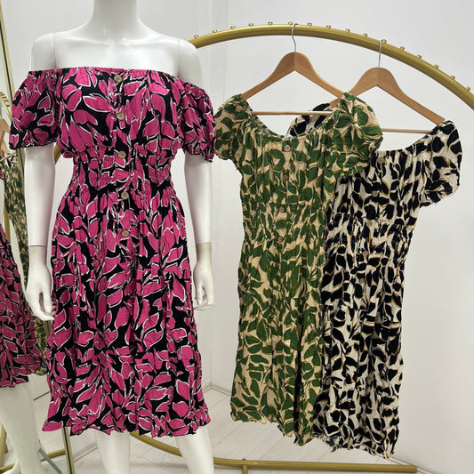 1669 - Leaf Pattern Elasticated Waist Midi Summer Dress