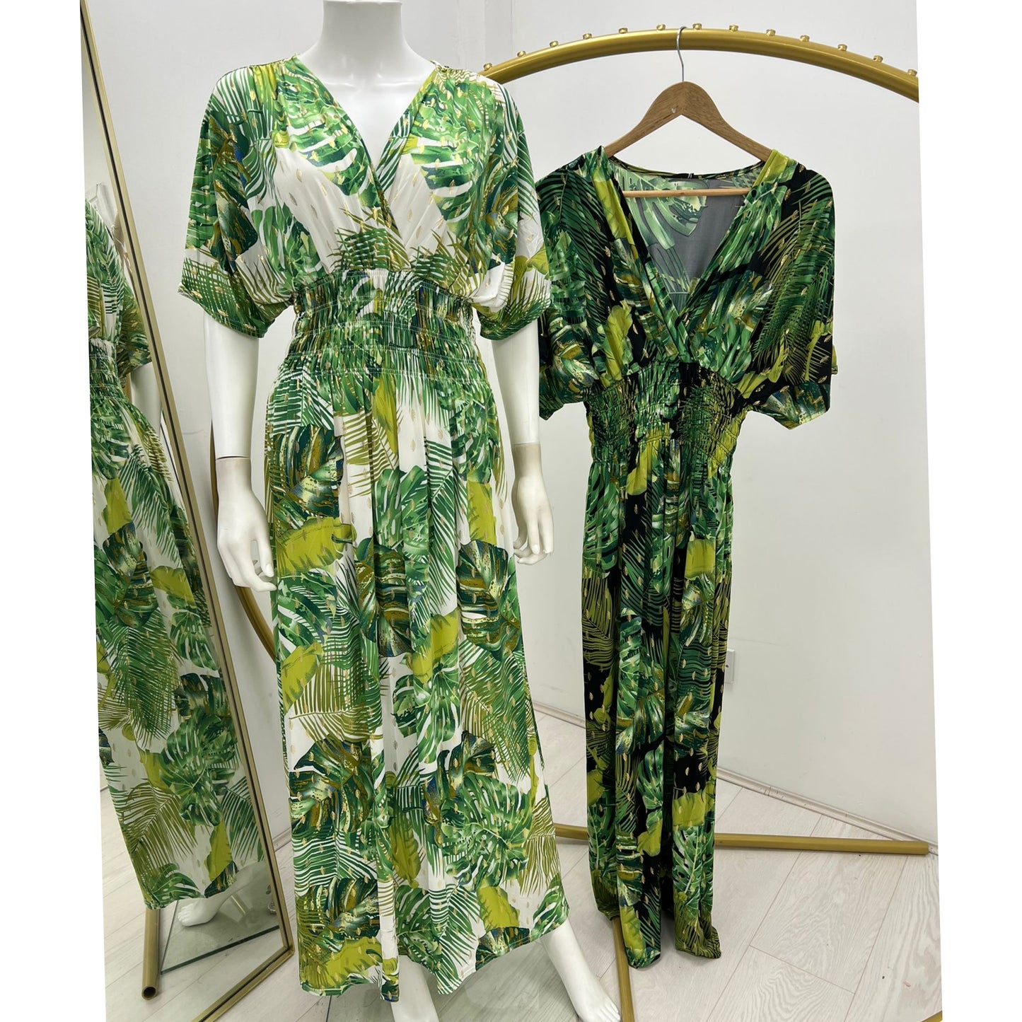 1554 - LEAF PATTERN BATWING MAGIC MAXI DRESS