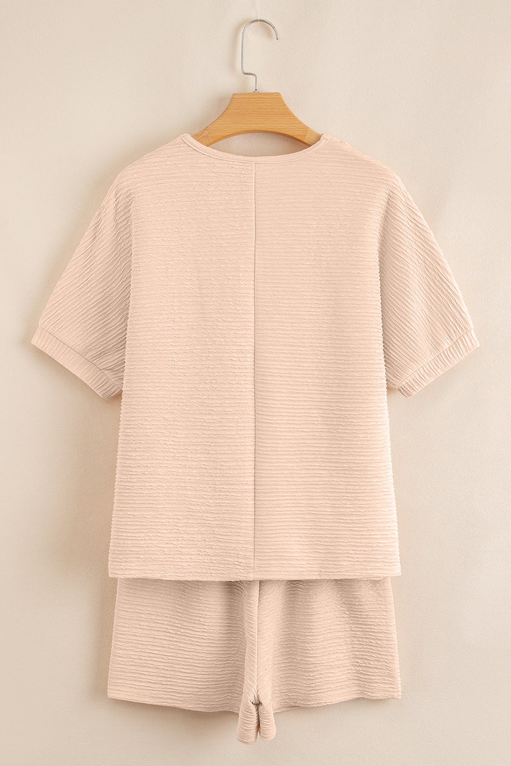 Pink Textured V Neck T Shirt and Shorts Set