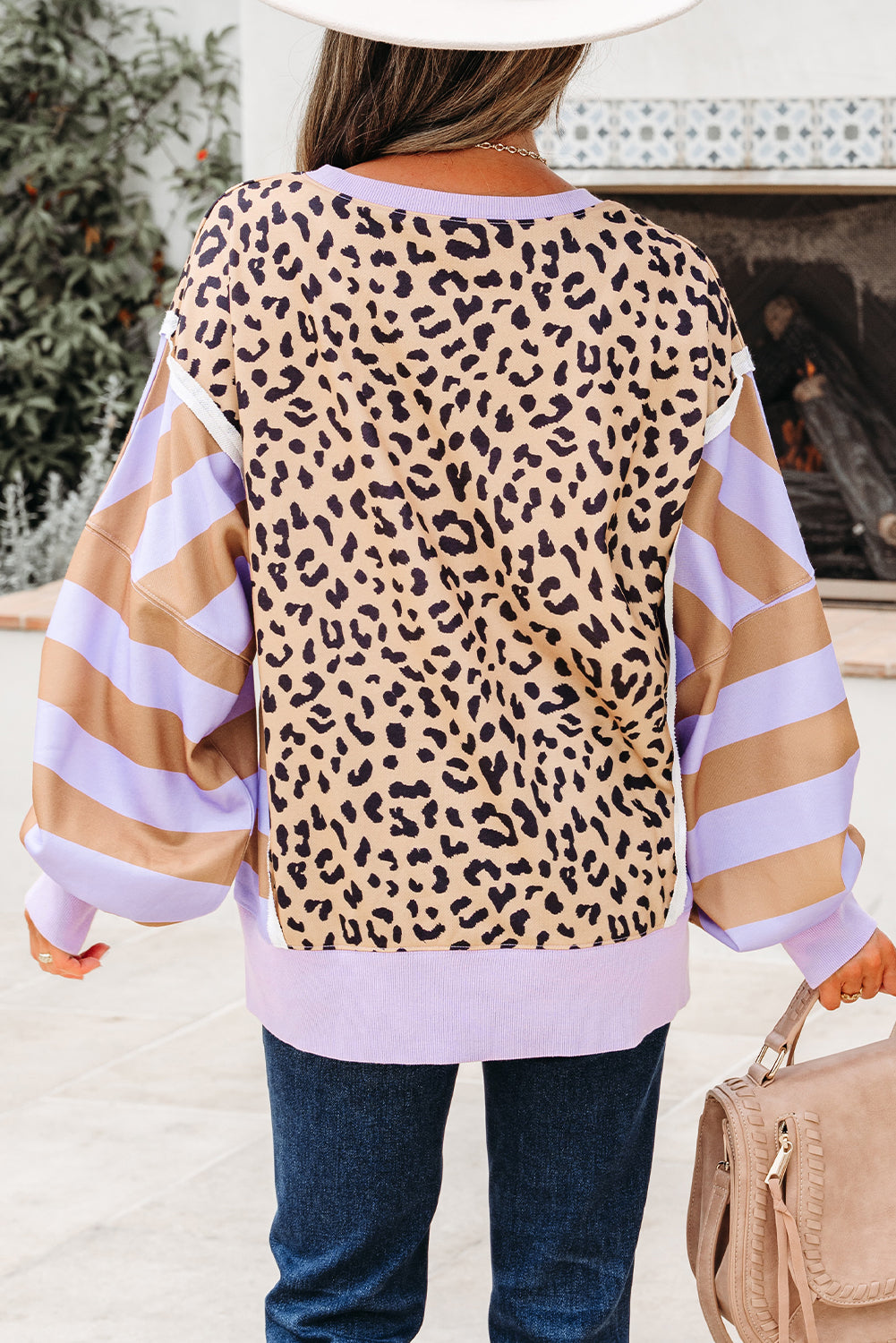 Khaki Stripe Color Block Patchwork Leopard Casual Sweatshirt with Slits