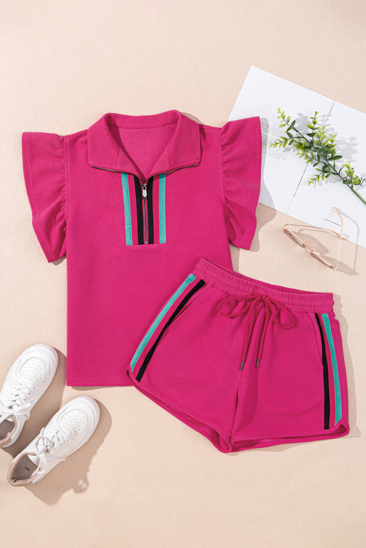 Beau Blue Striped Detail Flutter Sleeve Zipped Collar Short Set