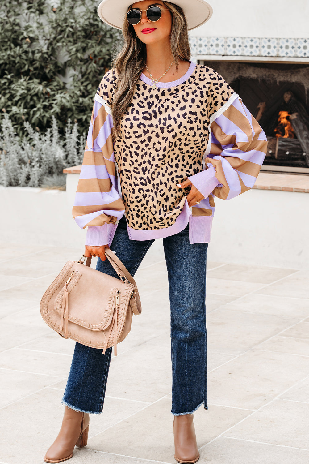 Khaki Stripe Color Block Patchwork Leopard Casual Sweatshirt with Slits