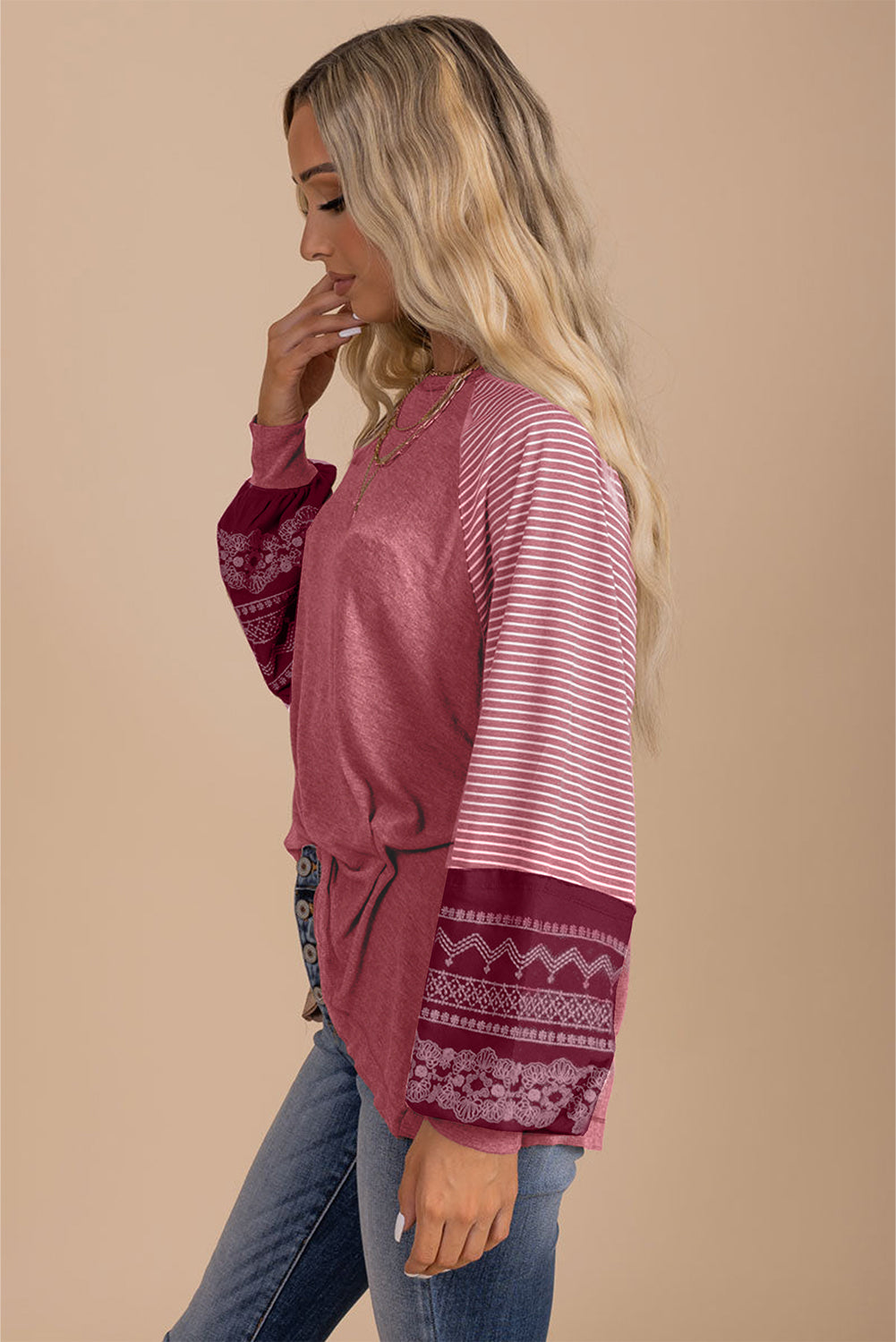 Black Contrast Print Striped Raglan Long Sleeve Loose Top