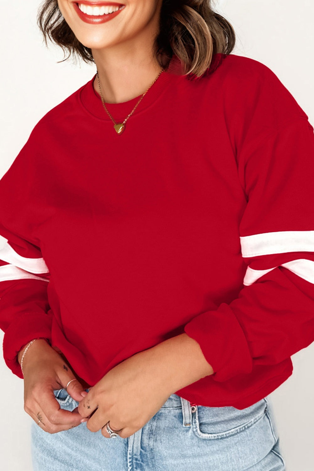Light Grey Varsity Striped Detail Crew Neck Plus Sweatshirt