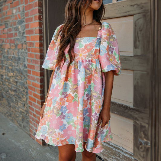 Pink Summer Floral Square Neck Puff Sleeve Babydoll Dress
