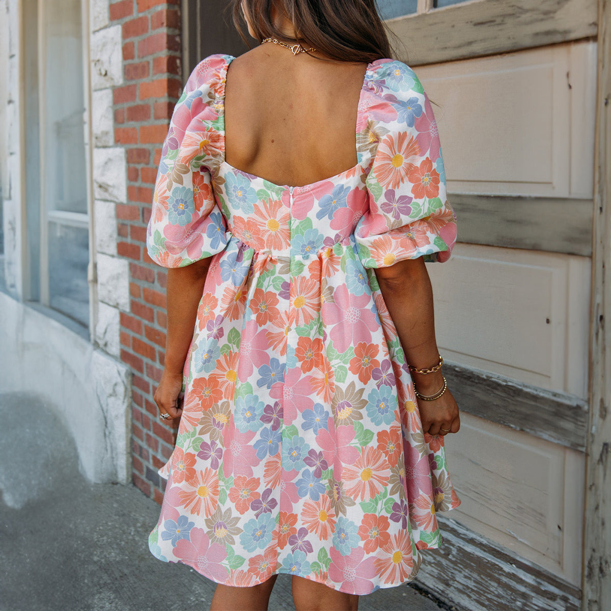 Pink Summer Floral Square Neck Puff Sleeve Babydoll Dress