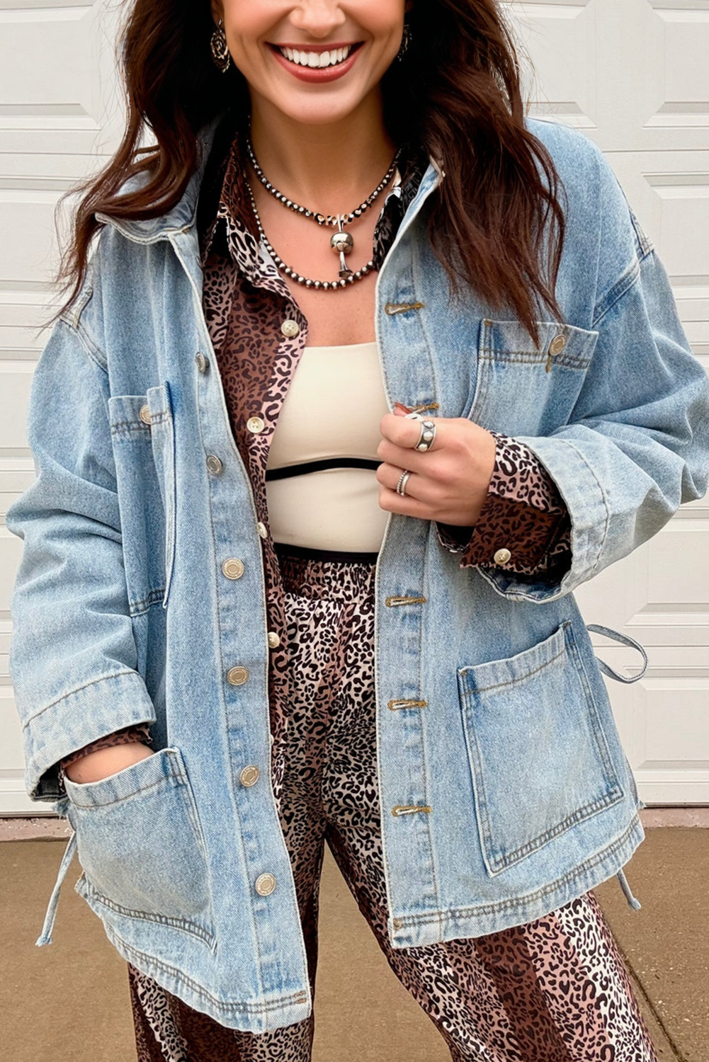 Beau Blue Multi Patched Pockets Side Tie up Boyfriend Style Denim Jacket