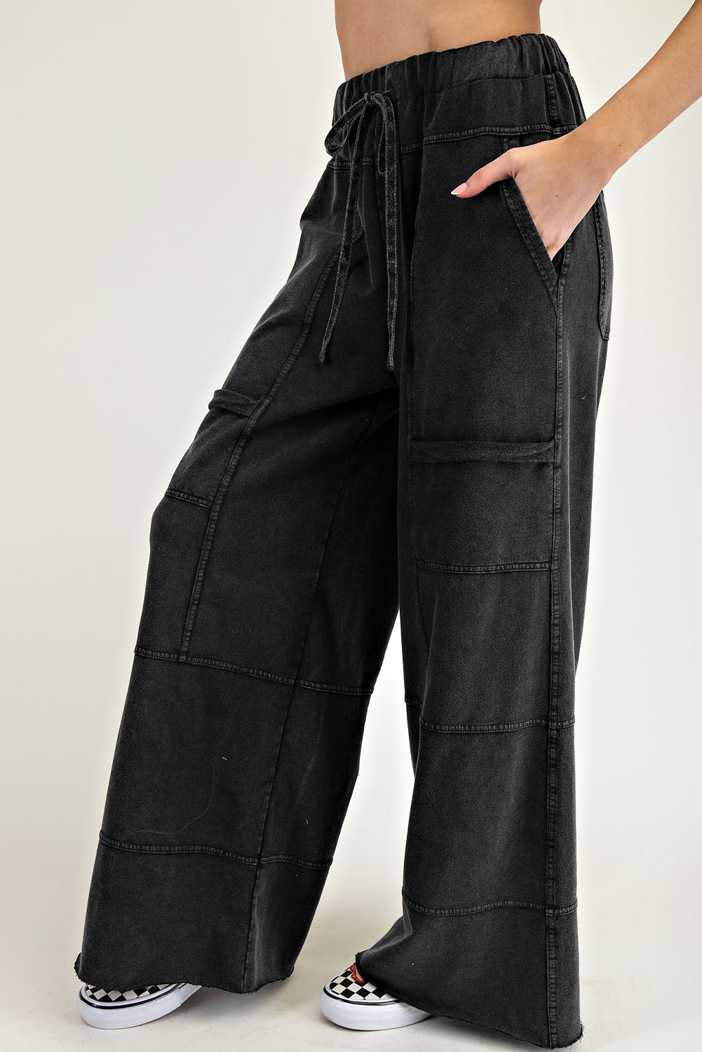 Bonbon Mineral Wash Exposed Seam Drawstring High Waist Wide Leg Cargo Pants