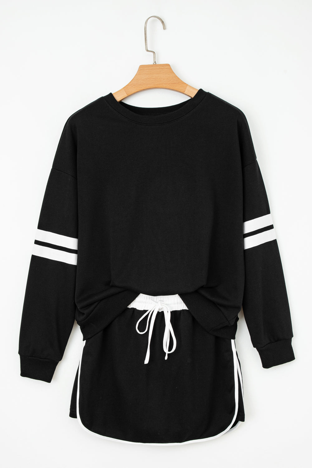 Fiery Red Varsity Stripe Detail Drop Shoulder Pullover Mini Skirt Set