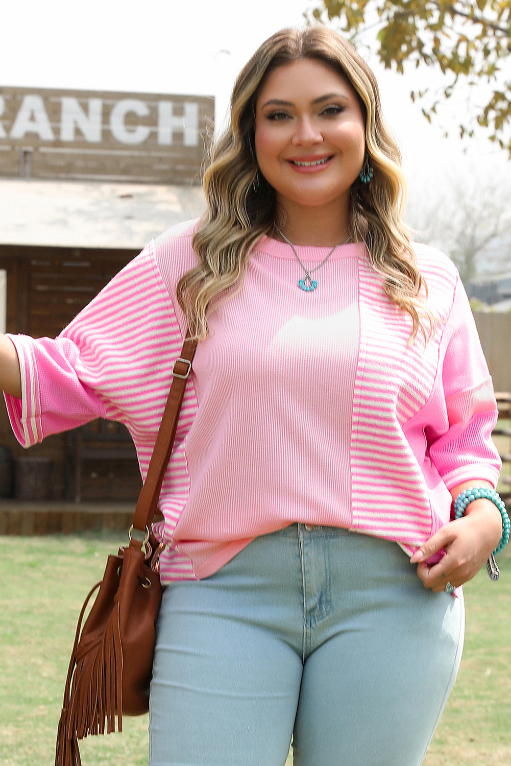 Green Stripe Patchwork Colorblock Plus Size T Shirt