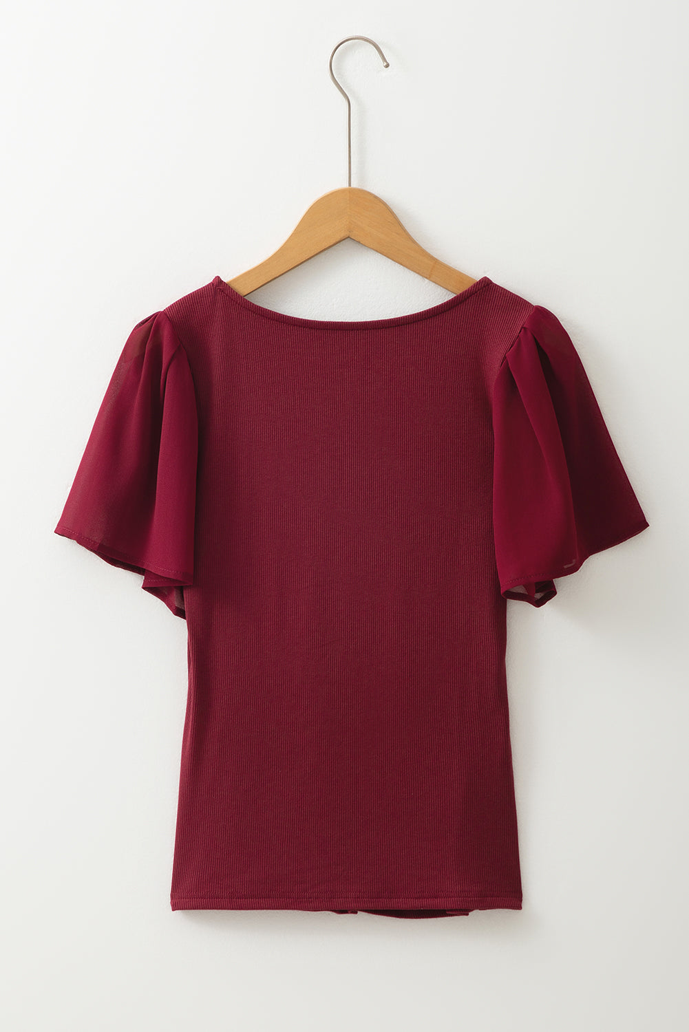 Black Mesh Ruffled Sleeve Slim Fit V Neck Top