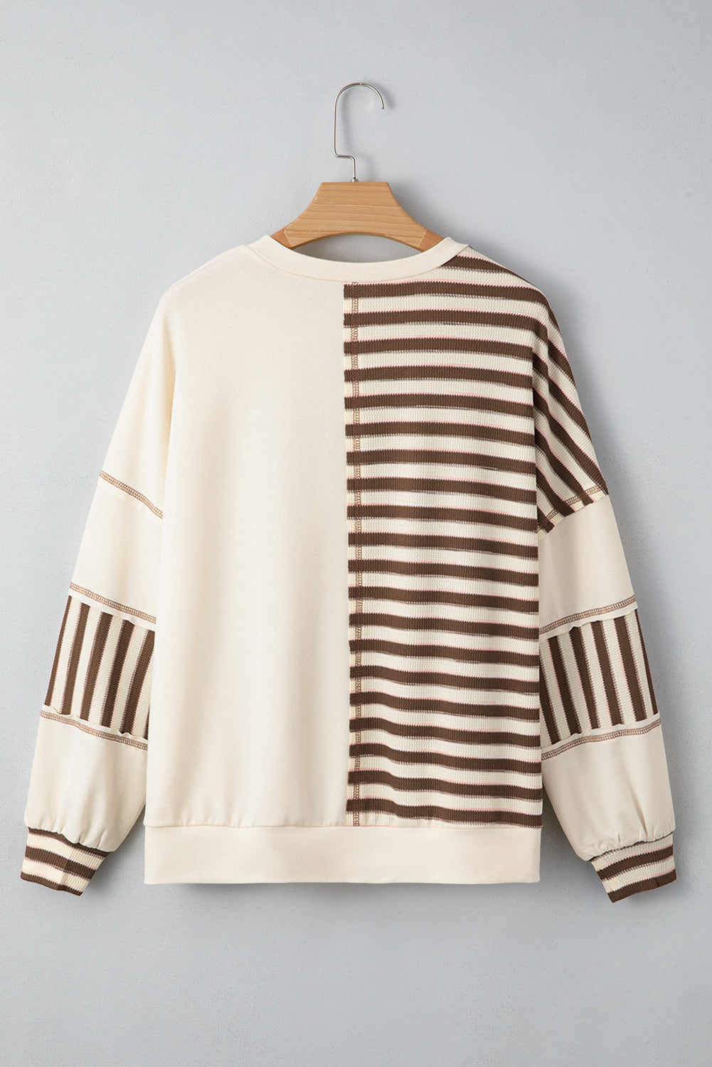 Khaki Stripe Stitched Detail Color Block Patchwork Oversized Pullover Top