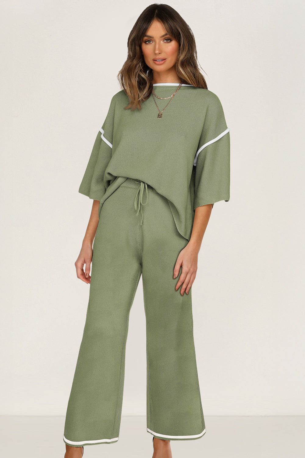 Canton Contrast Trim Half Sleeve Top Drawstring Pants Loose 2pcs Sweater Suit