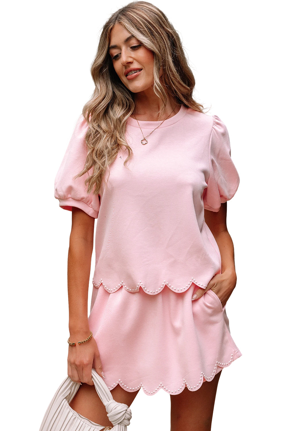 Beau Blue Puff Sleeve Pearl Embellished Scallop Trim Top 2 Piece Skort Set