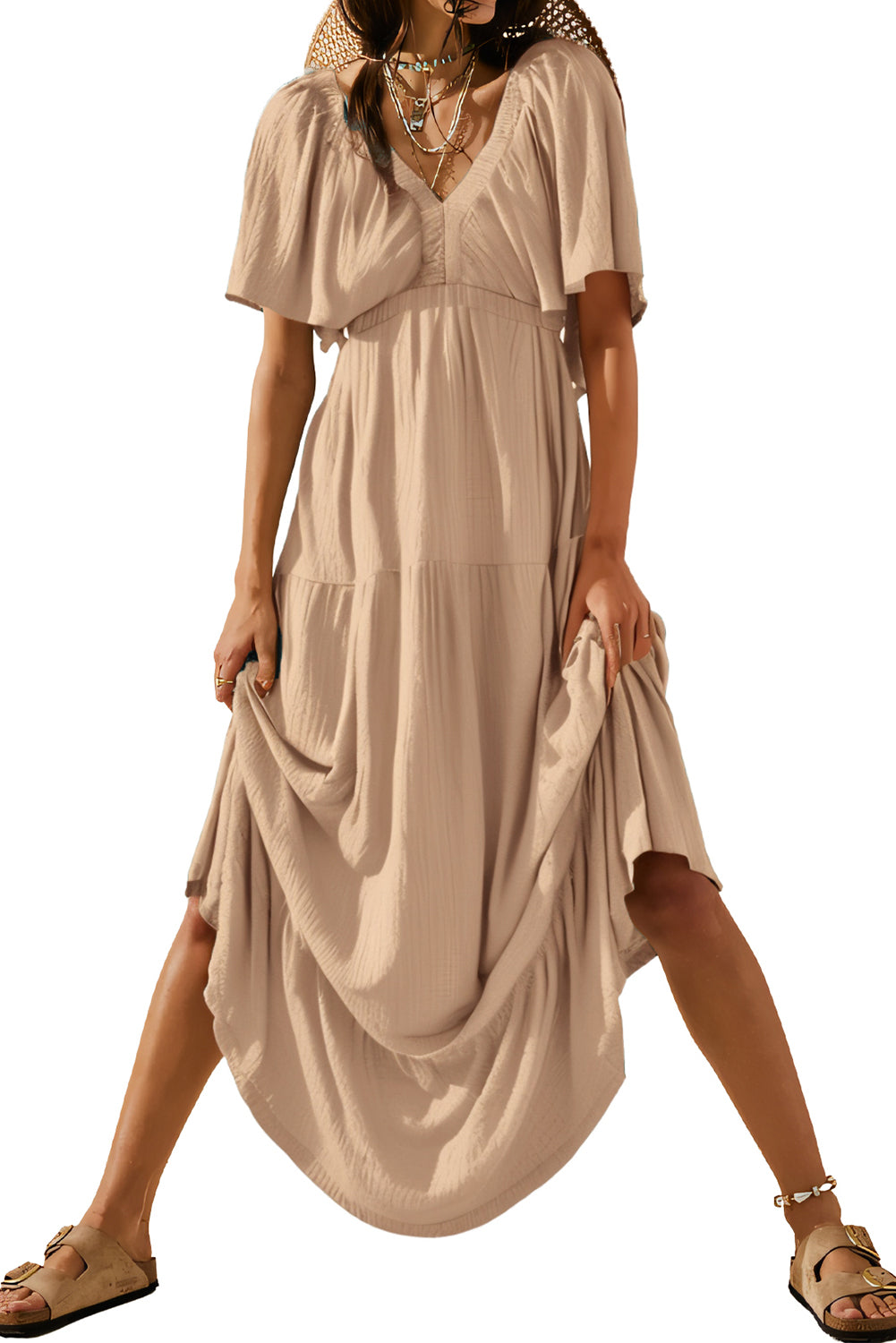 Green Textured V Neck Flutter Sleeve Ruffled Maxi Dress