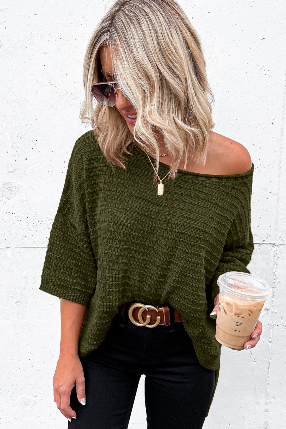 Beige Textured Knit Drop Shoulder Short Sleeve Sweater